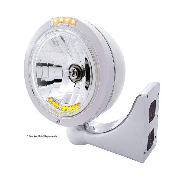 Stainless Steel Bullet Classic Headlight H4 With 10 Amber LED &amp; Dual Mode LED Signal - Clear Lens