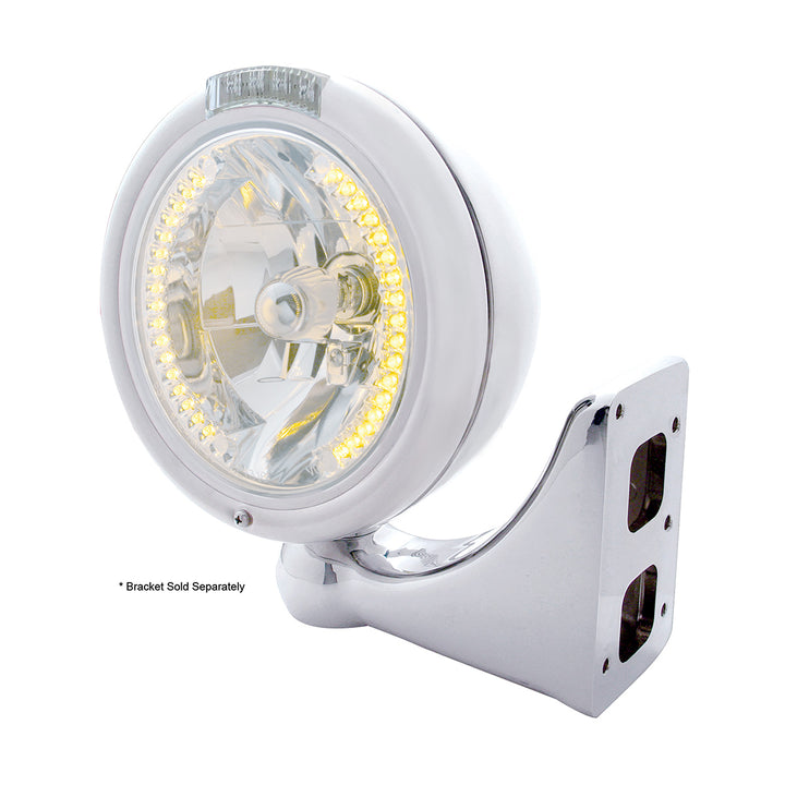 Chrome Classic Headlight H4 With 34 Amber LED &amp; Dual Mode LED Signal - Clear Lens