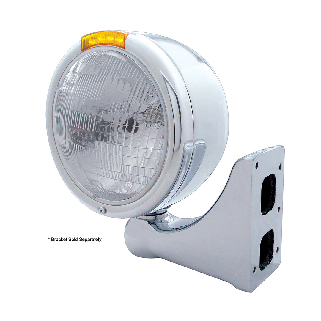Stainless Steel Classic Half Moon Headlight H6024 Bulb &amp; LED Turn Signal - Amber Lens