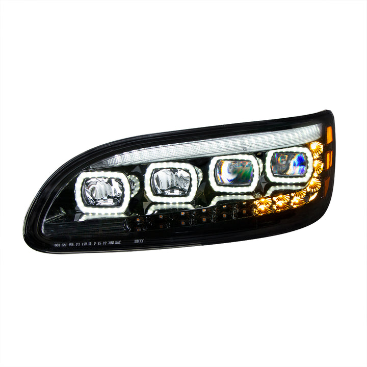 Black Quad - LED Headlight With LED DRL &amp; Seq. Signal For 2005-2015 Peterbilt 386 - Driver