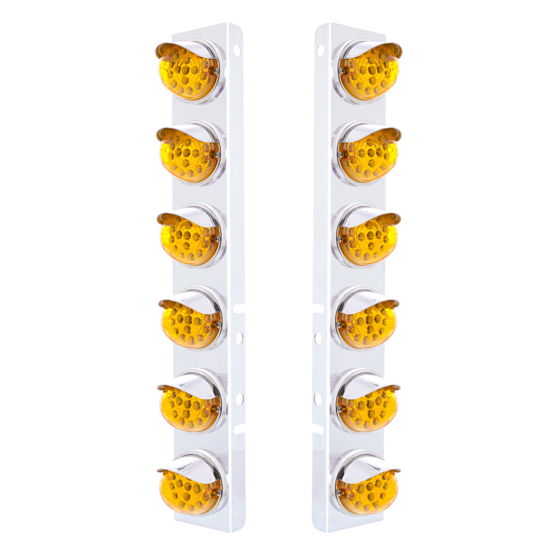 Stainless Steel Front Air Cleaner Bracket With 12 x 17 Amber LED Dual Function Reflector Lights &amp; Stainless Steel Visors For Peterbilt - Amber Lens