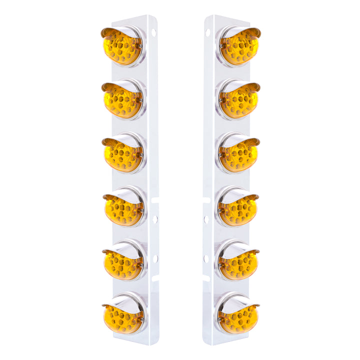 Stainless Steel Front Air Cleaner Bracket With 12 x 17 Amber LED Dual Function Reflector Lights &amp; Stainless Steel Visors For Peterbilt - Amber Lens