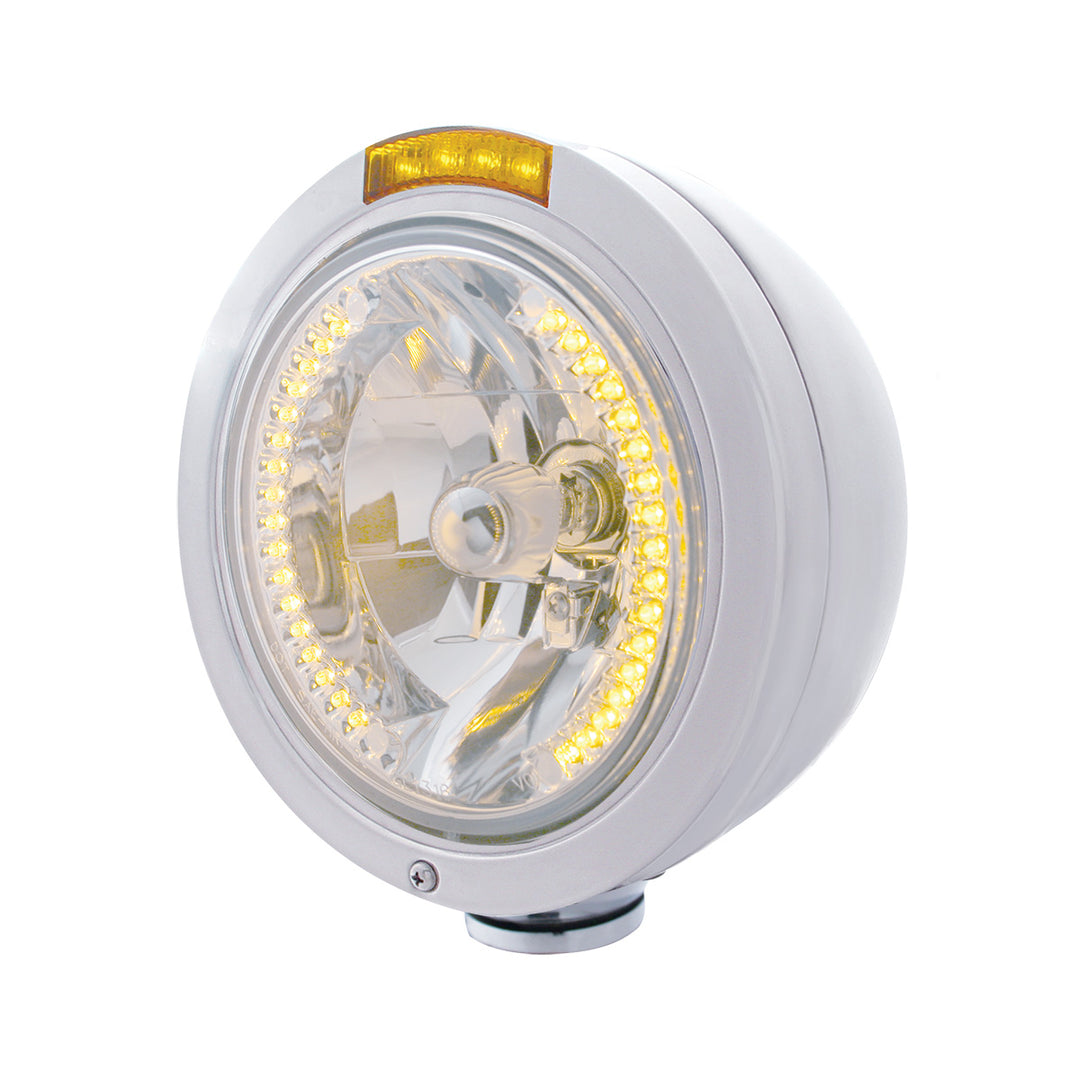 Stainless Steel Bullet Classic Headlight H4 With Amber LED &amp; Dual Mode LED Signal - Amber Lens
