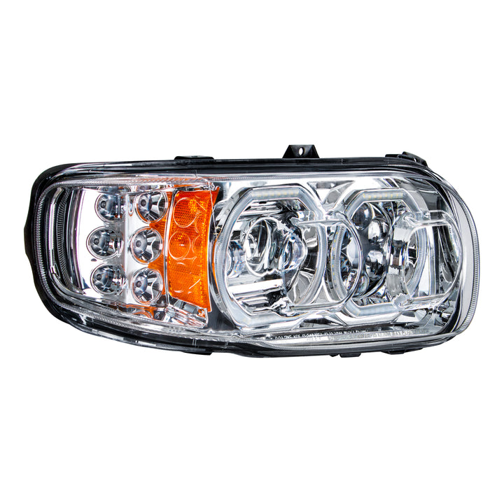 High Power 10 LED Chrome Headlight With 6 LED Turn &amp; 100 LED Halo For 2008-2024 Peterbilt 389 - Passenger