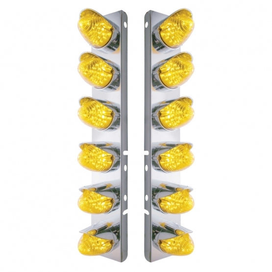 Stainless Steel Front Air Cleaner Bracket With 12 x 19 LED Beehive Lights &amp; Visors For Peterbilt - Amber LED &amp; Lens