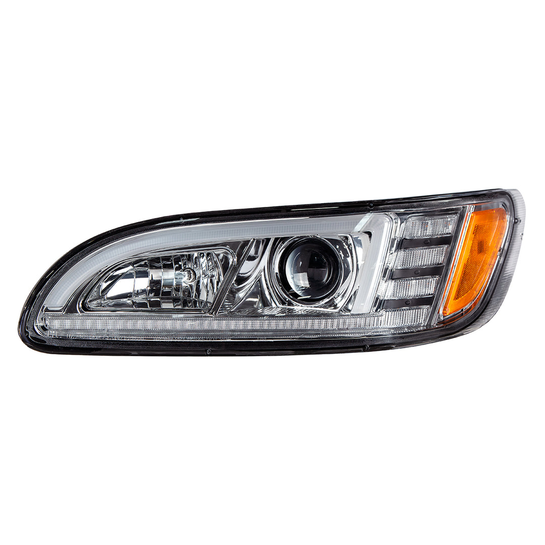 Chrome Projection Headlight With LED Sequential Turn &amp; DRL For 2005-2015 Peterbilt 386 - Driver