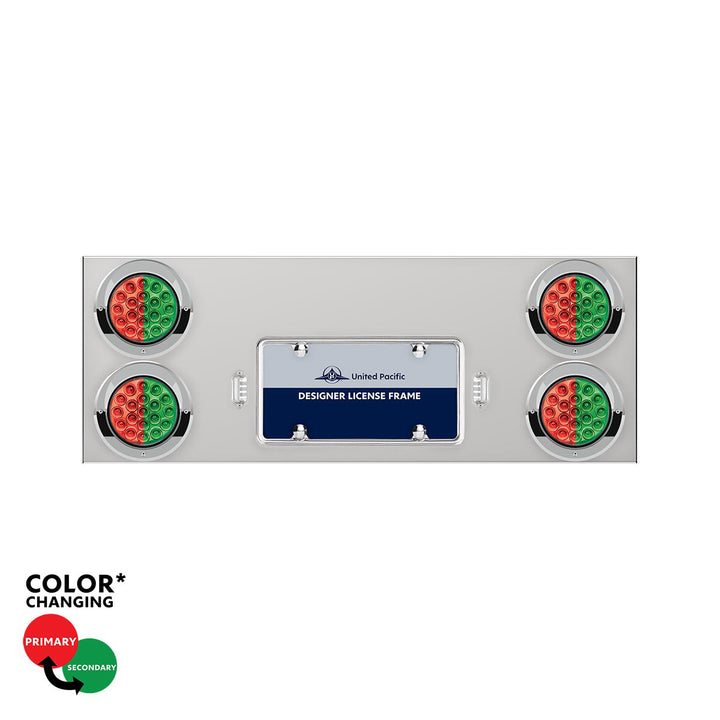 33-3/4" Stainless Steel Rear Center Panel With 4 x 19 LED 4" Double Fury Lights &amp; Visors - Red &amp; Green LED