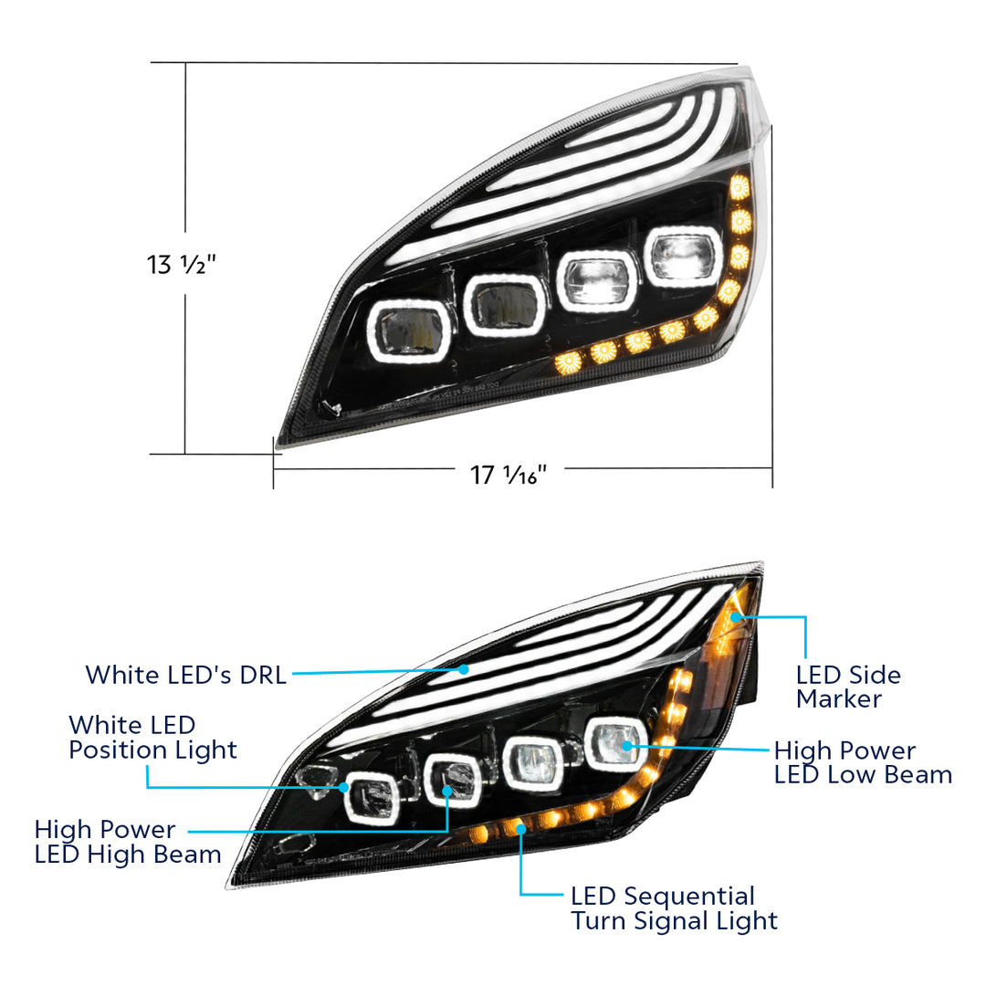 Black Quad - LED Headlight With LED DRL &amp; Seq. Signal For 2018-2024 Freightliner Cascadia - Driver