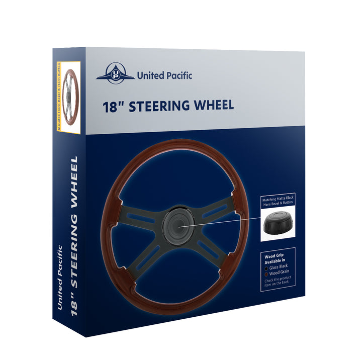 18" Matte Black 4 Spoke Steering Wheel With Horn Bezel &amp; Button - Gloss Black