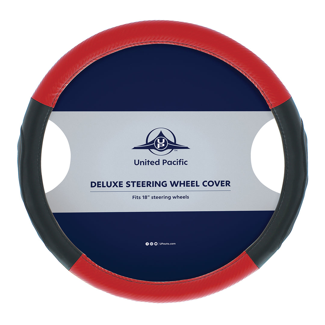 18" Carbon Fiber Pattern Steering Wheel Cover - Red Stitching