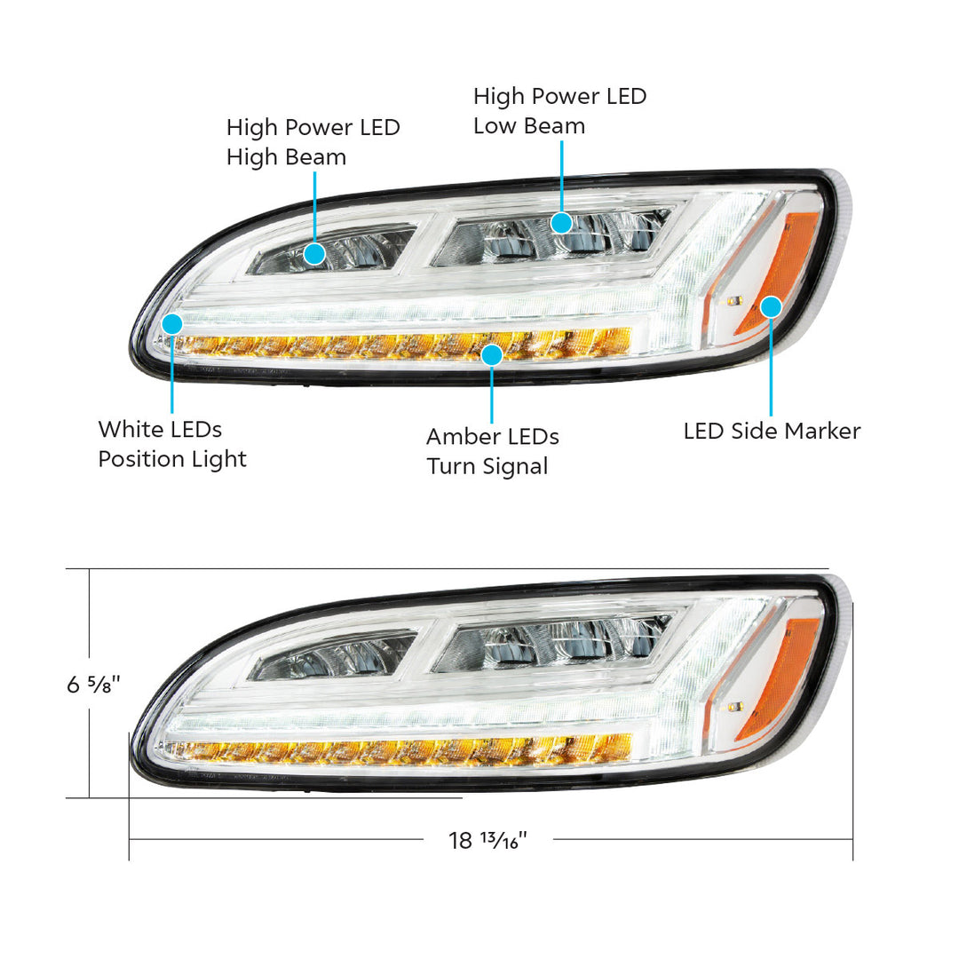 Chrome 6 LED Headlight For Peterbilt 386 (2006-2016) &amp; 387 (2000-2011) - Driver