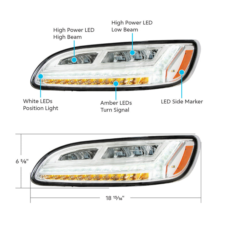 Chrome 6 LED Headlight For Peterbilt 386 (2006-2016) &amp; 387 (2000-2011) - Driver