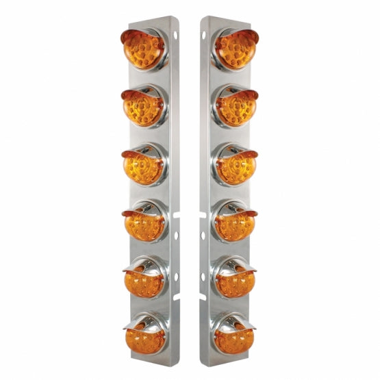 Stainless Steel Front Air Cleaner Bracket With 12 x 17 Amber LED Reflector Lights &amp; Stainless Steel Visors For Peterbilt - Amber Lens