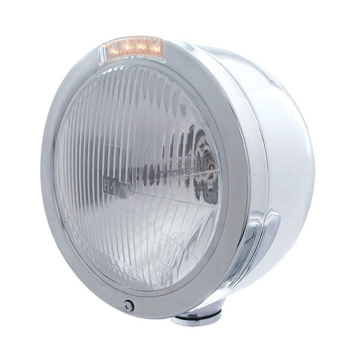 Stainless Steel Bullet Half Moon Headlight H4 Bulb &amp; LED Turn Signal - Clear Lens