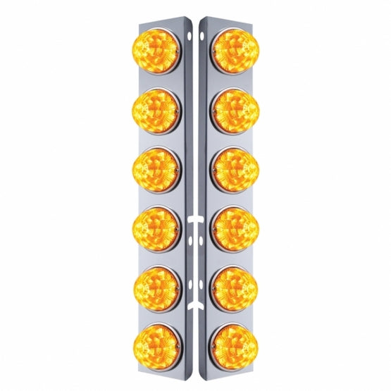 Stainless Steel Front Air Cleaner Bracket W/12 x 17 Amber LED Refl. Watermelon Lights &amp; Stainless Steel Bezels For Peterbilt - Amber Lens (Pair)
