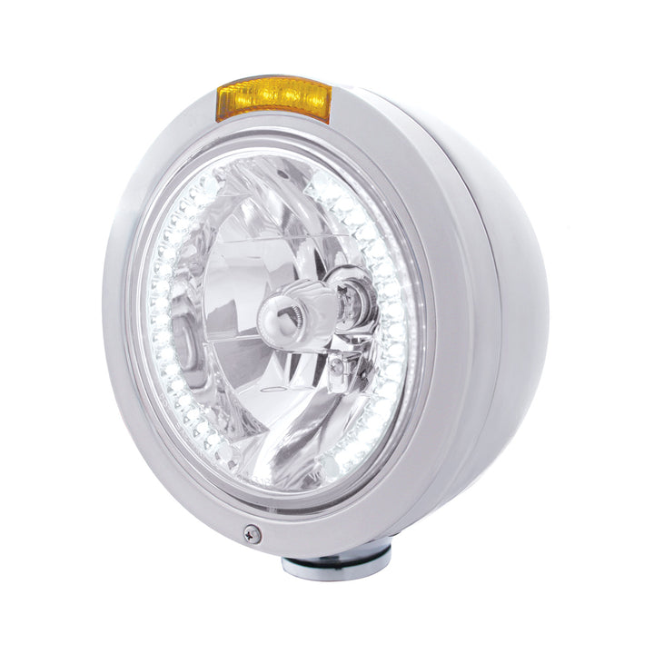 Stainless Steel Bullet Classic Headlight H4 With White LED &amp; Dual Mode LED Signal - Amber Lens