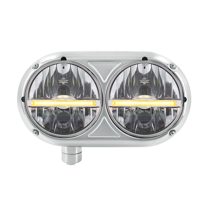 Headlight Assembly With 304 Stainless Steel Housing &amp; LED Headlights W/Amber LED Position Light For Peterbilt 359 - Driver