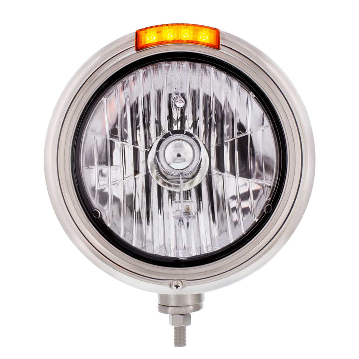 Stainless Steel Classic Headlight Crystal H4 Bulb &amp; LED Turn Signal - Amber Lens