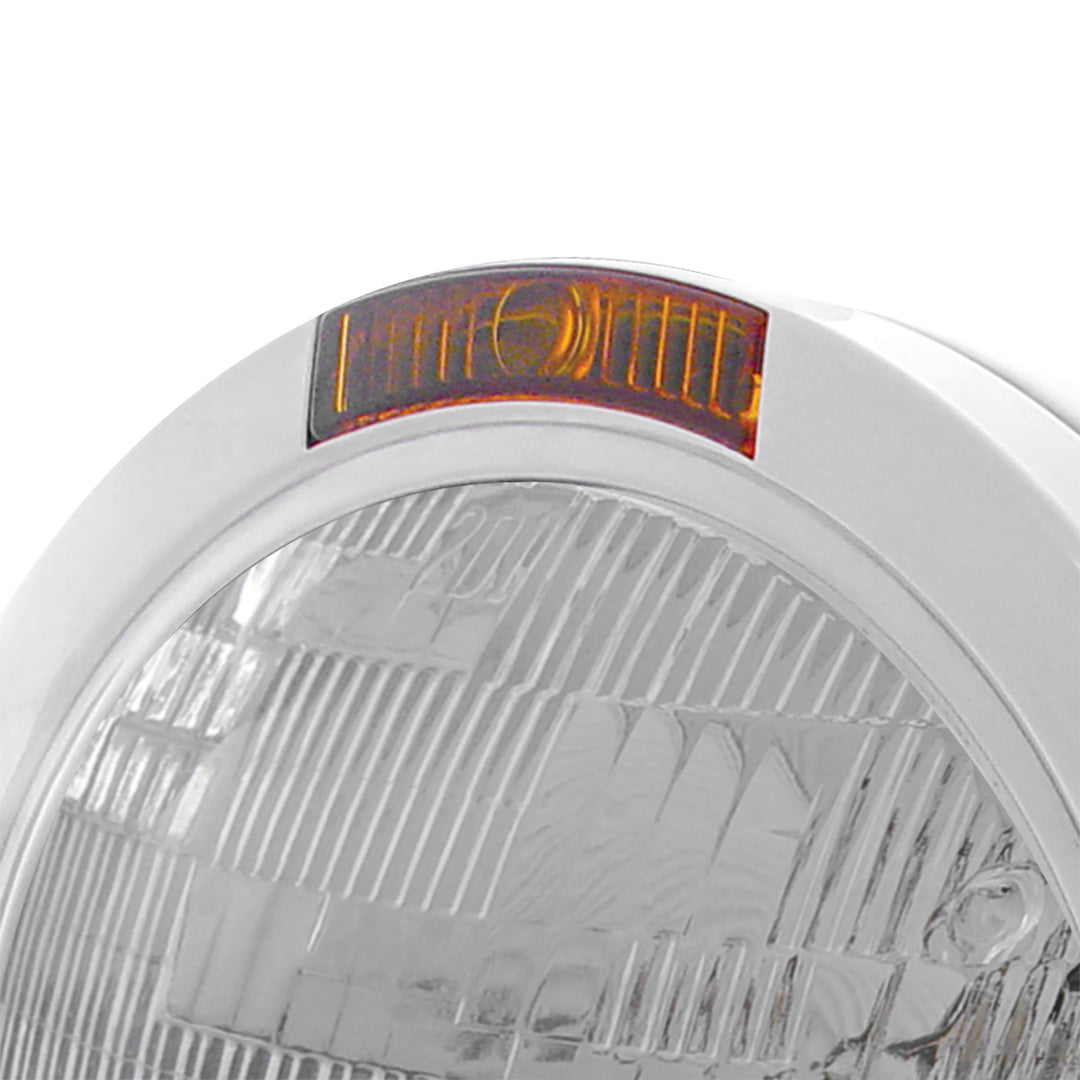 Stainless Steel Bullet Classic Headlight H6024 Bulb &amp; Turn Signal - Amber Lens