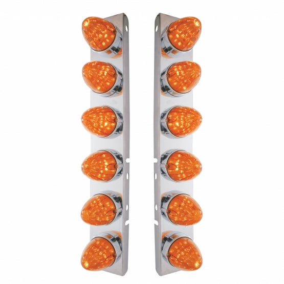 Stainless Steel Front Air Cleaner Bracket With 12 x 19 LED Watermelon Lights &amp; Bezels For Peterbilt - Amber LED/Dark Amber Lens