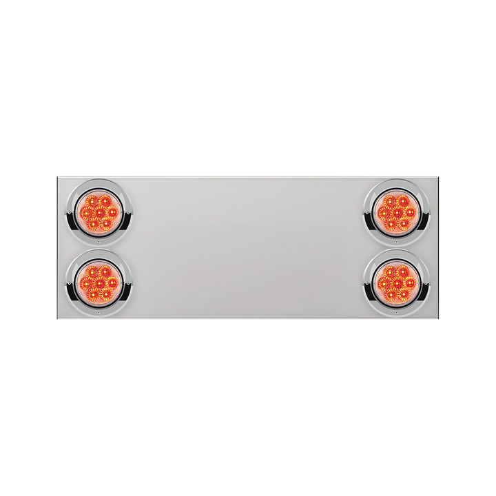 33-3/4" Stainless Rear Center Panel With Four 7 LED 4" Reflector Lights&amp;Visors(No LP Holes) - Red LED/Clear Lens