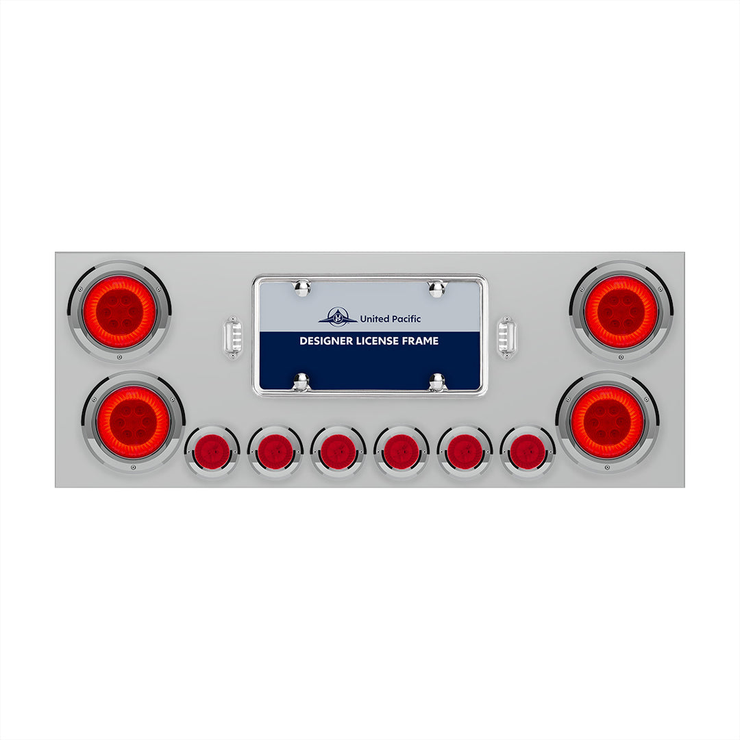 Stainless Steel Rear Center Panel With Four 16 LED 4" Turbine Light &amp; Six 7 LED 2" Lights &amp; Bezels - Red LED/Red Lens