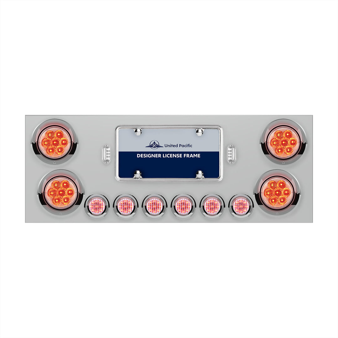 Stainless Steel Rear Center Panel With 4 x 7 LED 4" Reflector Lights &amp; 6 x 9 LED 2" Lights &amp; Visors - Red LED/Clear Lens