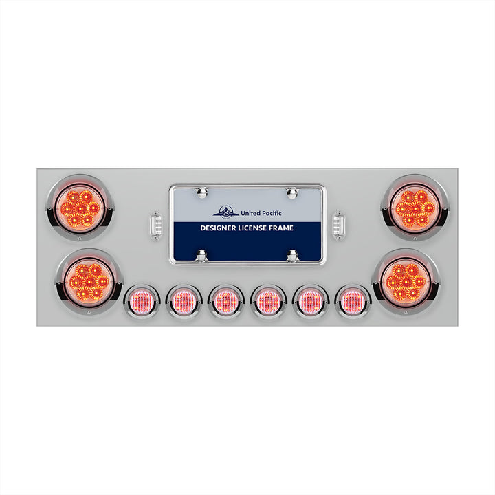 Stainless Steel Rear Center Panel With 4 x 7 LED 4" Reflector Lights &amp; 6 x 9 LED 2" Lights &amp; Visors - Red LED/Clear Lens