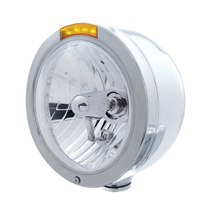 Stainless Steel Bullet Half Moon Headlight Crystal H4 Bulb &amp; LED Turn Signal - Amber Lens
