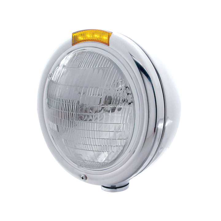 Stainless Steel Classic Headlight 6014 Bulb &amp; LED Turn Signal - Amber Lens