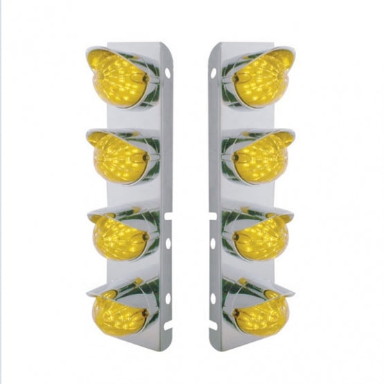 Stainless Steel Front Air Cleaner Bracket With 8 x 17 Amber LED Watermelon Lights &amp; Stainless Steel Visors For Peterbilt - Amber Lens