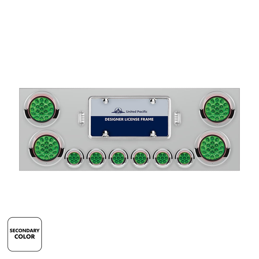 Stainless Steel Rear Center Panel With 4 x 19 LED 4" &amp; 6 x 7 LED 2" Double Fury Lights &amp; Visors - Red &amp; Green LED