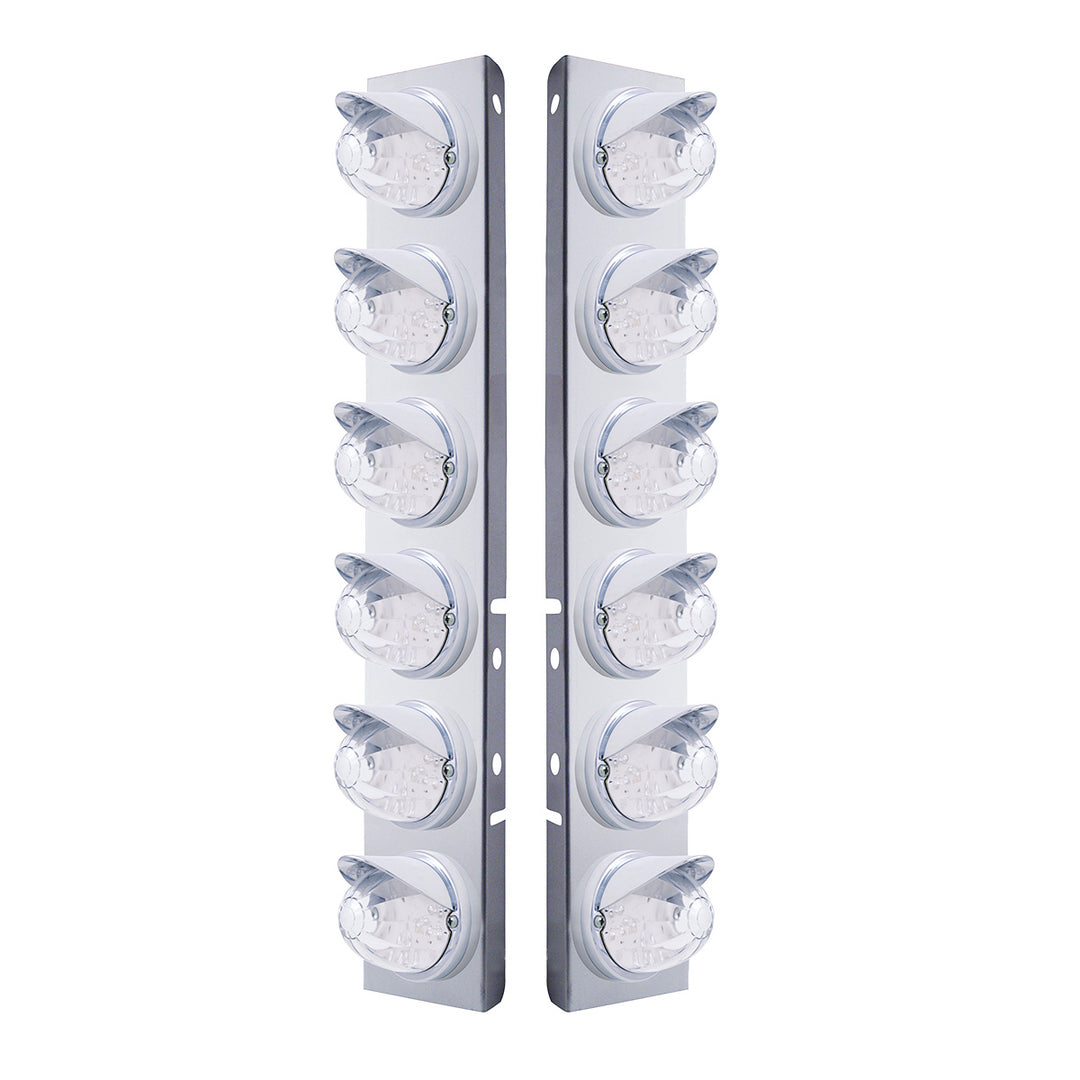 Stainless Steel Front Air Cleaner Bracket W/12 x 17 LED Watermelon Lights &amp; Visors For Peterbilt - Amber LED/Clear Lens