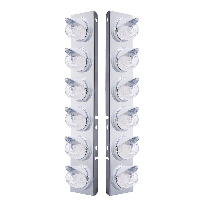 Stainless Steel Front Air Cleaner Bracket W/12 x 17 LED Watermelon Lights &amp; Visors For Peterbilt - Amber LED/Clear Lens