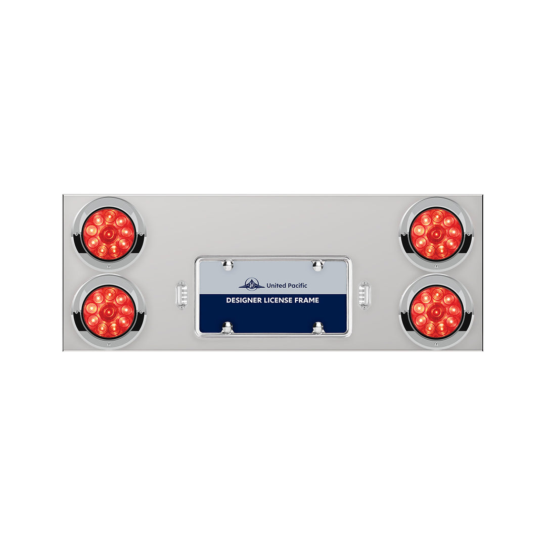 33-3/4" Stainless Rear Center Panel With Four 10 LED 4" Lights &amp; Visors - Red LED/Red Lens