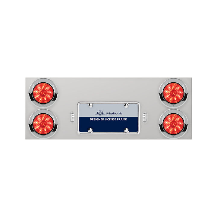 33-3/4" Stainless Rear Center Panel With Four 10 LED 4" Lights &amp; Visors - Red LED/Red Lens