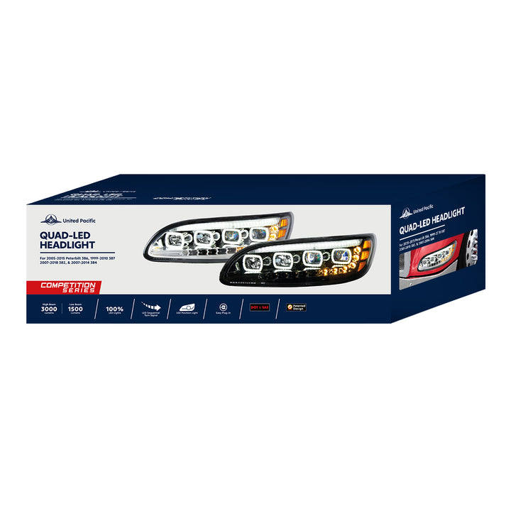Black Quad - LED Headlight With LED DRL &amp; Seq. Signal For 2005-2015 Peterbilt 386 - Passenger