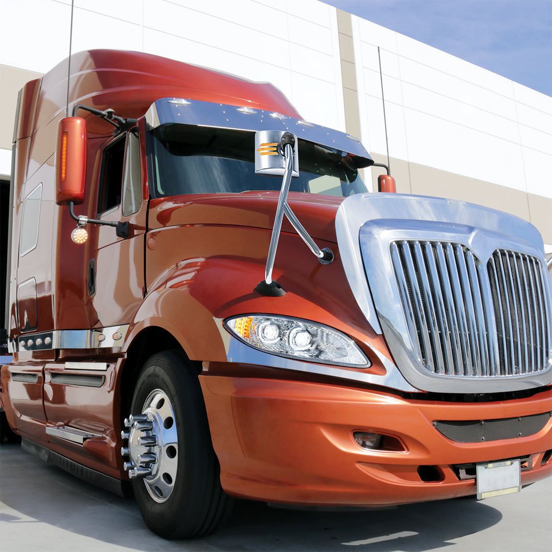 Stainless Steel Hood Mirror Assembly With Sequential LED Turn Signal For 2008-2017 International Prostar - Passenger