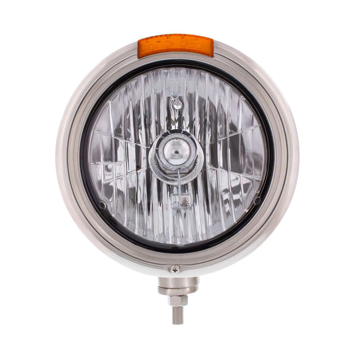Stainless Steel Classic Headlight Crystal H4 Bulb &amp; LED Turn Signal - Amber Lens