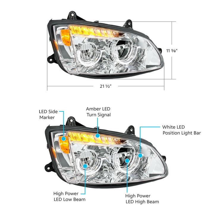 Chrome Full LED Headlight For 2008-2017 Kenworth T660 - Passenger