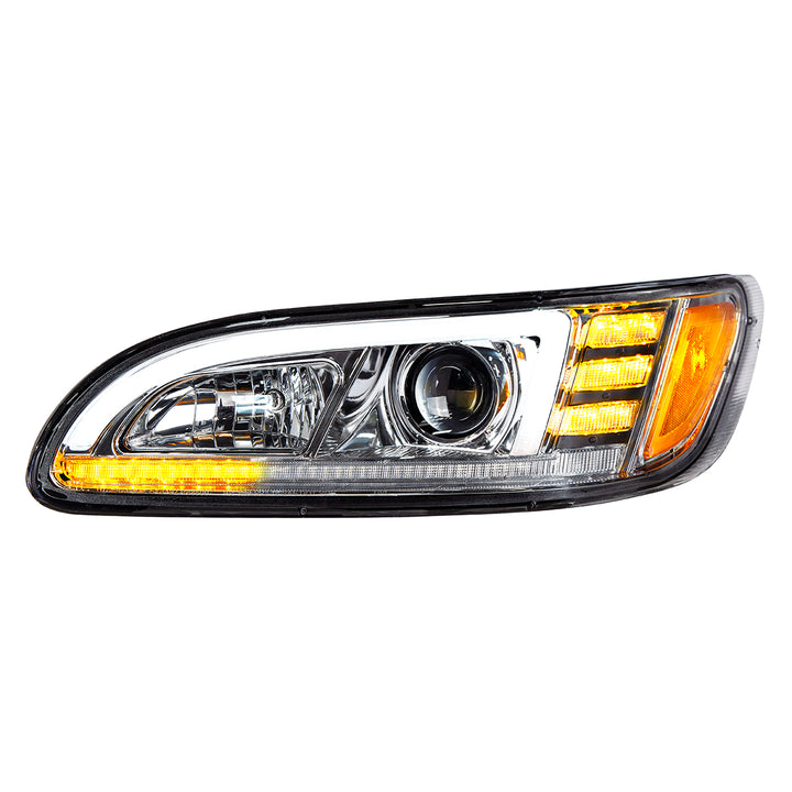 Chrome Projection Headlight With LED Sequential Turn &amp; DRL For 2005-2015 Peterbilt 386 - Driver