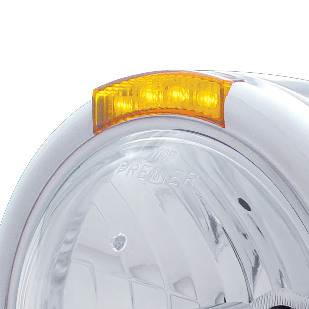 Stainless Steel Classic Half Moon Headlight Crystal H4 Bulb &amp; LED Turn Signal - Amber Lens
