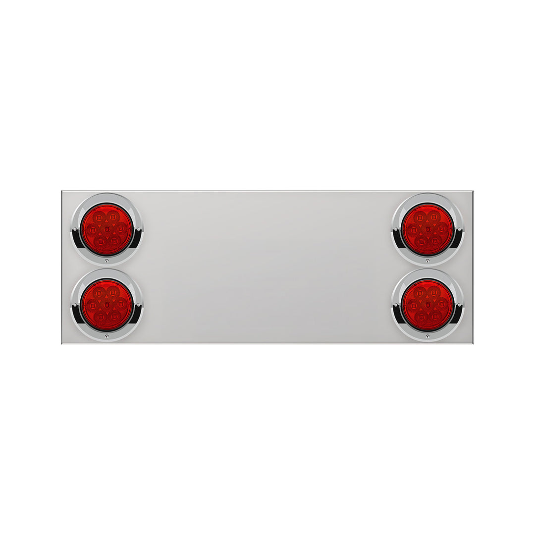 33-3/4" Stainless Rear Center Panel With Four 7 LED 4" Reflector Lights &amp; Visors(No LP Holes) - Red LED/Red Lens