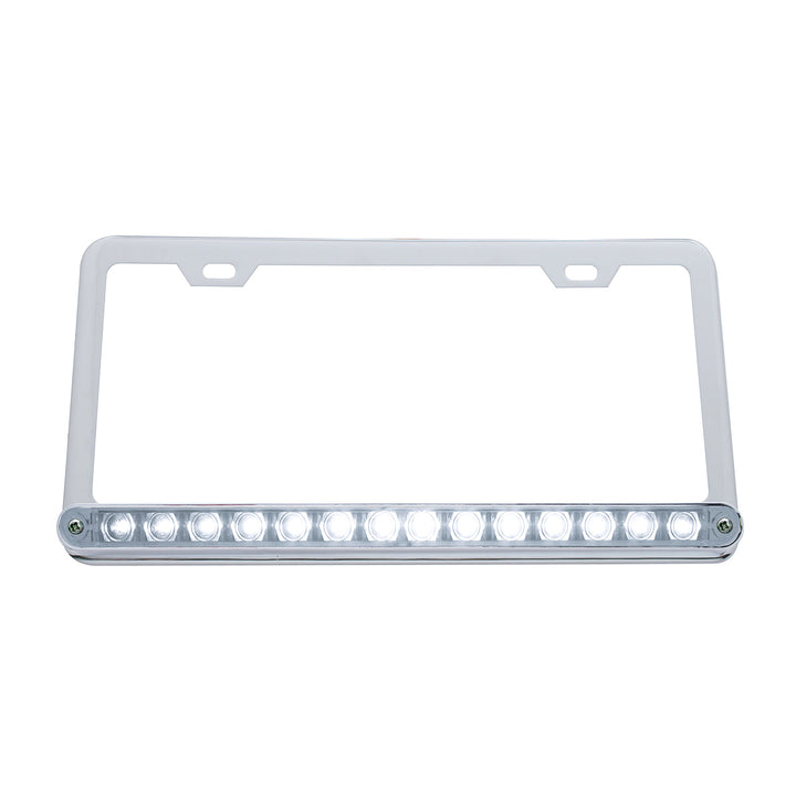 Chrome License Plate Frame With 14 LED 12" Light Bar - Amber LED/Clear Lens