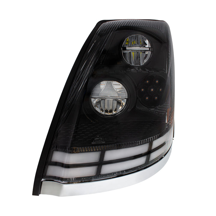 Black LED Headlight With Dual Color LED Light Bars For 2003-2017 Volvo VN/VNL - Driver