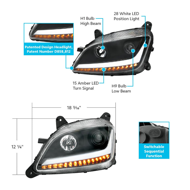 Black Projection Headlight With LED Position &amp; Sequential Signal For 2012-2021 Peterbilt 579 - Driver