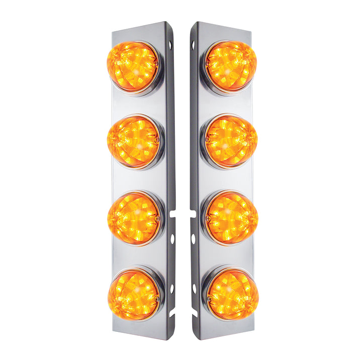 Stainless Steel Front Air Cleaner Bracket With 8 x 17 LED Watermelon Lights &amp; Stainless Steel Bezels For Peterbilt - Amber LED &amp; Lens (Pair)