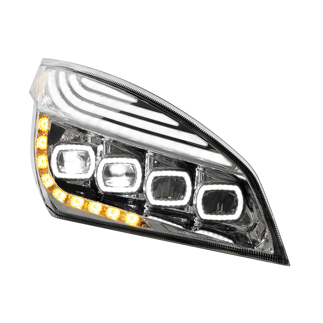 Chrome Quad - LED Headlight With LED DRL &amp; Seq. Signal For 2018-2024 Freightliner Cascadia - Passenger