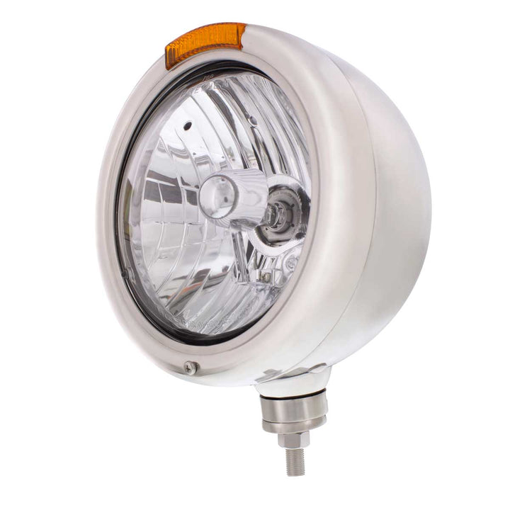 Stainless Steel Classic Headlight Crystal H4 Bulb &amp; LED Turn Signal - Amber Lens
