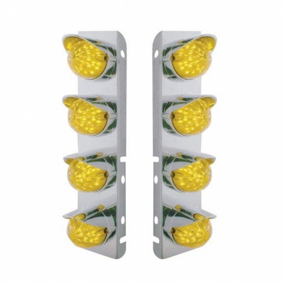 Stainless Steel Front Air Cleaner Bracket With 8 x 17 Amber LED Hi/Lo Watermelon Lights &amp; Stainless Steel Visors For Peterbilt - Amber Lens